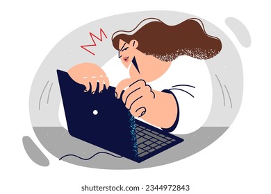 Woman using laptop sits at table and hides screen of computer for fear of compromising confidential information. Girl takes care of privacy and protection of confidential data from strangers