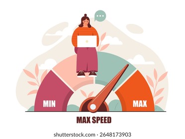 Woman using laptop sitting above colorful speedometer pointing to max, flat style, with abstract background and foliage. Concept of high productivity. Vector illustration