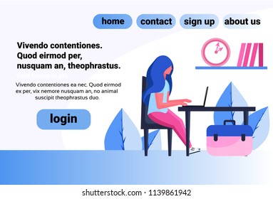 woman using laptop sitting office workplace profile female cartoon character horizontal copy space flat vector illustration
