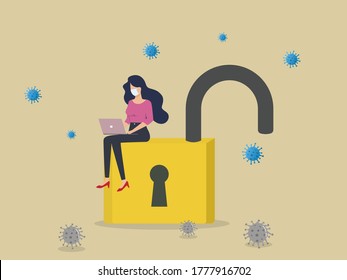 a woman using a laptop sitting on a padlock. Unlock or reopen COVID-19 Coronavirus lockdown, restart business concept.