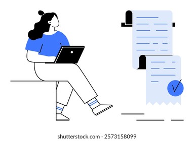 Woman using laptop sitting on bench, large document with check mark in background Ideal for productivity, task management, writing, remote work, organization Clean minimal style