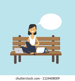 woman using laptop sitting wooden bench chat bubble female character full length on blue background flat vector illustration