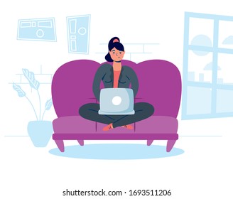 woman using laptop in sofa stay at home campaign vector illustration