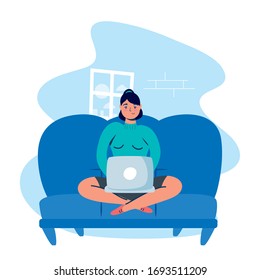 woman using laptop in sofa stay at home campaign vector illustration
