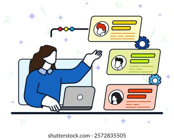 Woman using laptop to sorting some people profile. HR and headhunter service abstract concept. Human resources, candidates, performance management, find employee, job applicant, HR management. 