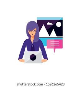woman using laptop with speech bubble and picture vector illustration design