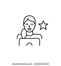 Woman using laptop and star. Excellent software, VIP service, special online feature. Pixel perfect, editable stroke vector icon