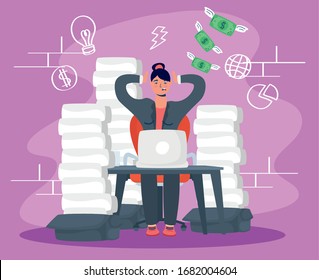 woman using laptop with stress character vector illustration design