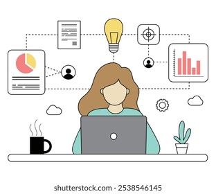 Woman using a laptop, surrounded by icons for analytics and creative ideas in a minimalistic workspace.