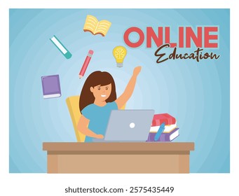 A woman using a laptop, surrounded by educational elements including bookshelves, a lightbulb, and a rocket, representing online learning and self-improvement through modern technology.