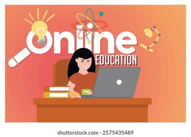 A woman using a laptop, surrounded by educational elements including bookshelves, a lightbulb, and a rocket, representing online learning and self-improvement through modern technology.