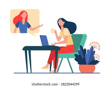 Woman using laptop and talking to friend. Video call, speech bubble, tea cup flat vector illustration. Communication, online video chat concept for banner, website design or landing web page