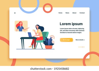 Woman using laptop and talking to friend. Video call, speech bubble, tea cup flat vector illustration. Communication, online video chat concept for banner, website design or landing web page