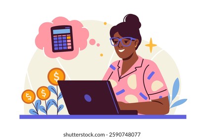 Woman using laptop with thought bubble showing calculator, cartoon style, on light background. Concept of financial planning. Vector illustration
