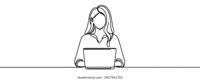 Woman using laptop top view continuous one line drawing. Female office worker, designer hand drawn character. Young girl, lady typing on keyboard minimalistic clipart. Office work vector illustration