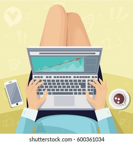Woman using laptop. Vector illustration.