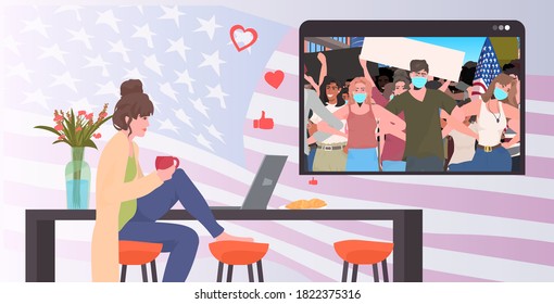 woman using laptop watching online video people in masks holding usa flags labor day celebration coronavirus quarantine self isolation concept kitchen interior horizontal vector illustration