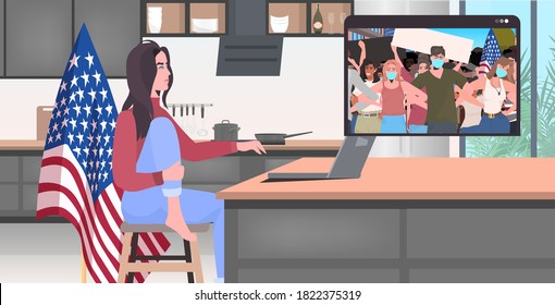 woman using laptop watching online video people in masks holding usa flags labor day celebration coronavirus quarantine self isolation concept kitchen interior full length horizontal vector