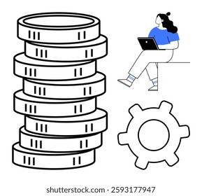Woman using a laptop while seated, adjacent to a tall stack of coins and a large gear. Ideal for financial planning, technology integration, business strategy, online learning, productivity tools