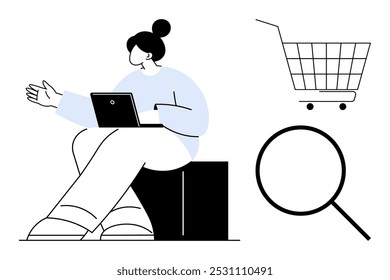 Woman using a laptop while sitting, accompanied by a shopping cart and a magnifying glass icon. Ideal for e-commerce, online shopping, technology, digital marketing, and customer service themes