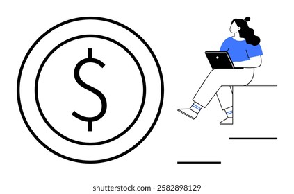 Woman using laptop while sitting on steps next to large dollar sign symbolizing online finance activities. Ideal for finance, online banking, investment, e-commerce, financial planning, remote work