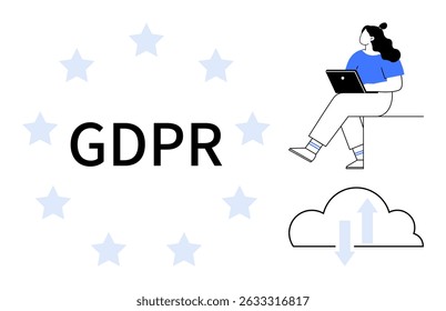 Mulher usando laptop enquanto sentado na borda, cercado por estrelas, nuvem upload ícone abaixo. Ideal para segurança cibernética, proteção de dados, política de privacidade, normas on-line, conformidade legal, indústria tecnológica