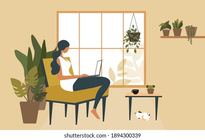 Woman using laptop  to work at home vector illustration. Work from home, stay home, work online,  freelance concept