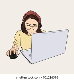 Woman using laptop ,work place scene  hand draw sketch vector. - Shutterstock ID 701216398