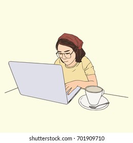 Woman using laptop ,work place scene  hand draw sketch vector.