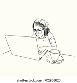 Woman using laptop ,work place scene  hand draw sketch vector.