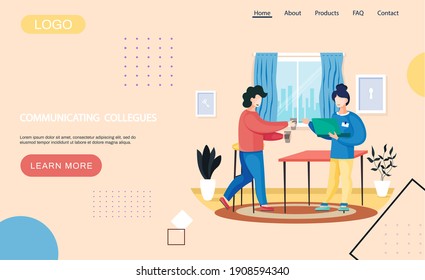 Woman is using laptop and working at home. Guy brings girl coffee during break. Website about communication of colleagues. Female character with laptop typing on keyboard vector illustration