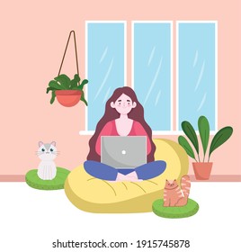 woman using laptop working, home office with cats and plants home office vector illustration