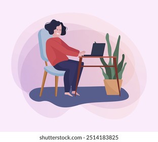 Mulher usando laptop e trabalhando em casa. Freelancer, lazer, trabalho remoto ilustração de vetor plano. Internet sem fio, freelance, conceito de comunicação para banner ou design de site