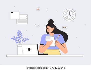 Woman using laptop and writes a lecture in a notebook. Education online training courses, self education, e-learning, distance studying, webinar, coaching concept. Flat style vector illustration. 