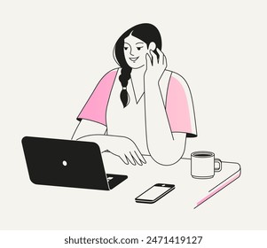 Woman using laptop. Young girl working at the desk, freelancing, studying online. Student using computer. Office work, home education concept. Isolated flat vector illustration