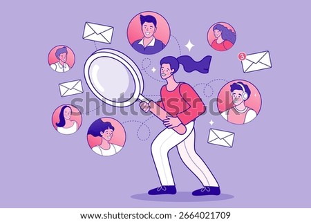 woman using magnifying glass to focus on communication and build connections within an online community. The illustration represents digital marketing, networking, customer relationship management.