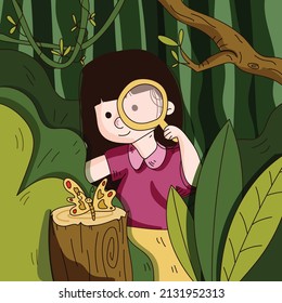 A woman using magnifying glass looking at a butterfly on the log in the garden forest jungle flat vector illustration background