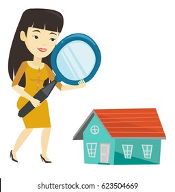 Woman using magnifying glass for looking for a new house. Woman with a magnifying glass checking house. Woman analyzing house with loupe. Vector flat design illustration isolated on white background.
