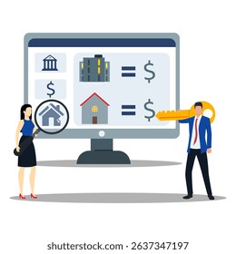 A woman using magnifying glass to searching living life on computer screen and a man bringing big icon of key. Online property searching concept.