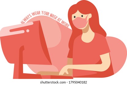A woman using medical mask while working illustration