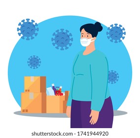 woman using medical protective mask against covid 19 with boxes packages and bag groceries vector illustration design