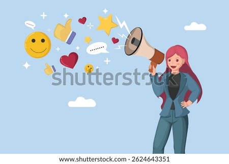 Woman using a megaphone to broadcast positive feedback and social media reactions like smiles, thumbs up, hearts, and stars.