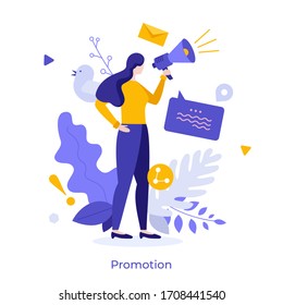 Woman using megaphone or bullhorn. Concept of internet promotion, online promo, promotional message, SMM or social media marketing, digital advertisement. Modern colorful flat vector illustration.