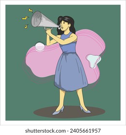 woman using megaphone in hand drawn flat model 