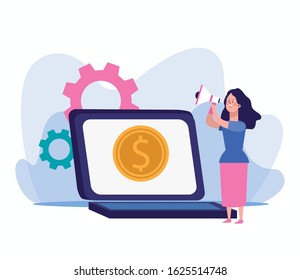woman using a megaphone and laptop computer with money coin icon on screen over white background, vector illustration