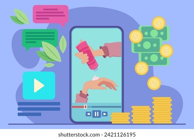 Woman using mobile app to advertise cosmetic products vector illustration. Stack of coins and banknotes, message bubbles and video play button on background. Making money using mobile phone concept