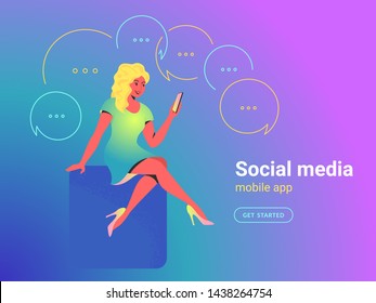 Woman using mobile app concept vector illustration of young girl sitting with smartphone using mobile app for texting and instant messages in social media. Happy bright people on gradient background