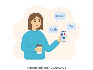 Woman using a mobile app for learning a foreign language, online translating words into a foreign language.
