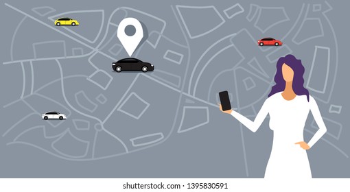 woman using mobile app online ordering taxi car sharing concept girl holding smartphone over city map transportation carsharing service application sketch doodle horizontal portrait