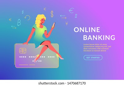 Woman using mobile app for online banking. Concept vector illustration of young girl sitting on big credit card with smartphone and using a mobile app for electronic banking and financial accounting